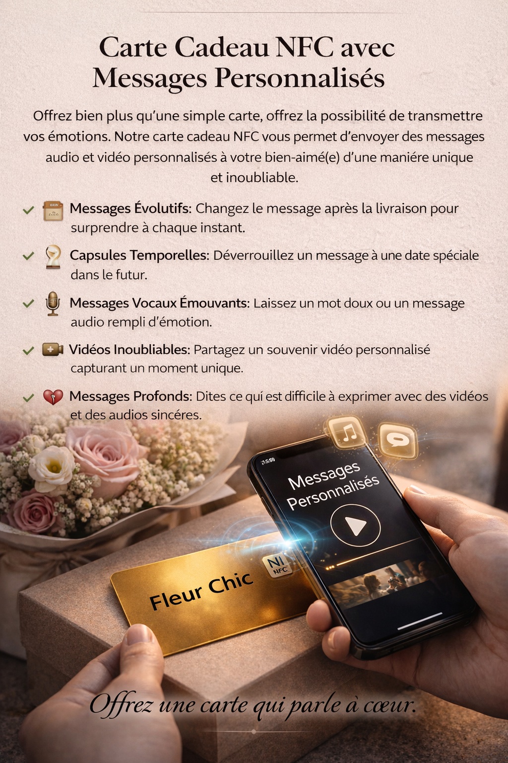 Carte NFC Cadeau Personnalisée – Message, Musique & Vidéo | Fleur Chic Maroc
