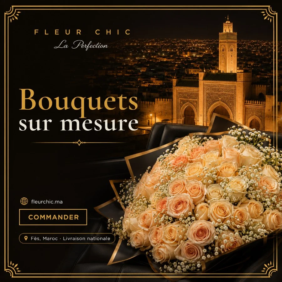 Bouquet de roses sur mesure avec vue de Fès en arrière-plan