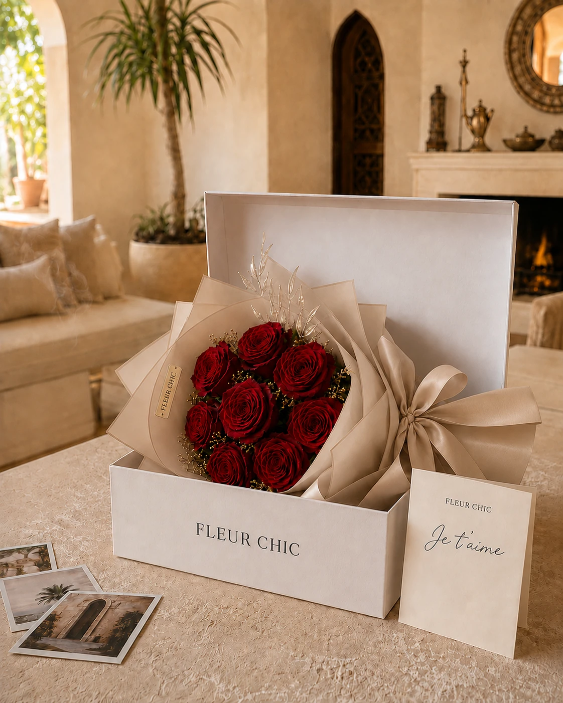 Bouquet de roses éternelles avec packaging beige Fleur Chic
